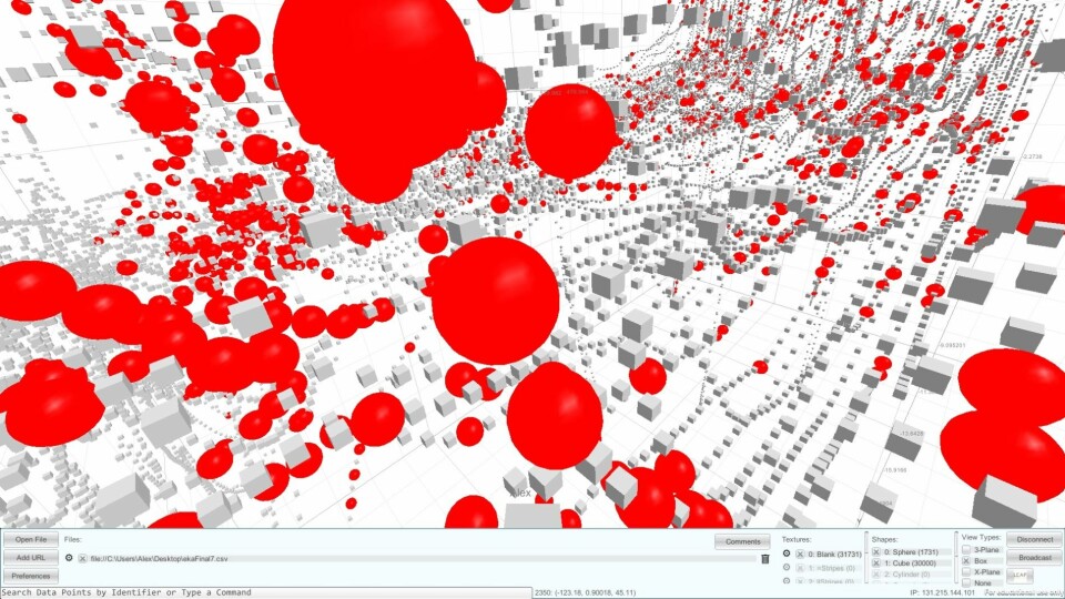 Dette er de første visualiseringene av data fra rottene i Mosers laboratorium. Rødt er der gridceller gir stort utslag. (Foto: (Illustrasjon: C. Donalek og S.G. Djorgovski, Center for Data-Driven Discovery, Caltech))