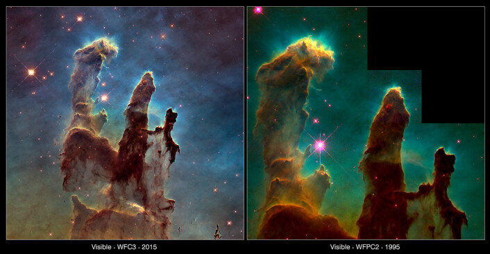 Det nye bilde og det gamle bilde ved siden av hverandre. Bildet til høyre ble tatt i 1995. (Foto: NASA, ESA/Hubble and the Hubble Heritage Team/NASA, ESA/Hubble, STScI, J. Hester and P. Scowen (Arizona State University) ) Det nye bilde og det gamle bilde ved siden av hverandre. Bildet til høyre ble tatt i 1995. (Foto: NASA, ESA/Hubble and the Hubble Heritage Team/NASA, ESA/Hubble, STScI, J. Hester and P. Scowen (Arizona State University) )