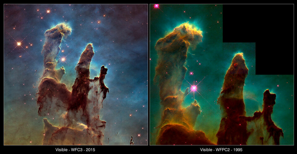 Det nye bilde og det gamle bilde ved siden av hverandre. Bildet til høyre ble tatt i 1995. (Foto: NASA, ESA/Hubble and the Hubble Heritage Team/NASA, ESA/Hubble, STScI, J. Hester and P. Scowen (Arizona State University) )