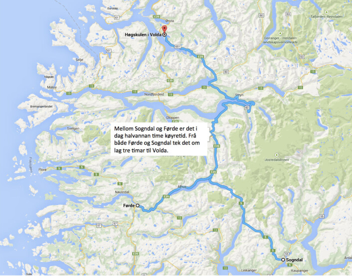 Køyreavstandar mellom Høgskulen i Sogn og Fjordane (Førde og Sogndal) og Høgskulen i Volda. Kjelde: Google Maps. (Foto: Køyreavstandar mellom Høgskulen i Sogn og Fjordane (Førde og Sogndal) og Høgskulen i Volda. Kjelde: Google Maps.) Køyreavstandar mellom Høgskulen i Sogn og Fjordane (Førde og Sogndal) og Høgskulen i Volda. Kjelde: Google Maps. (Foto: Køyreavstandar mellom Høgskulen i Sogn og Fjordane (Førde og Sogndal) og Høgskulen i Volda. Kjelde: Google Maps.)