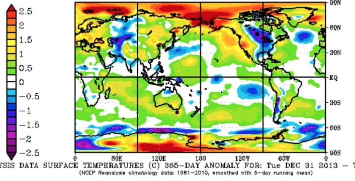 Reanalysert avvik fra temperaturnormalen (1981-2010) for 365 døgn f.o.m. 31 des 2013 t.o.m. 30 des 2014. (Bilde: NOAA). Reanalysert avvik fra temperaturnormalen (1981-2010) for 365 døgn f.o.m. 31 des 2013 t.o.m. 30 des 2014. (Bilde: NOAA).
