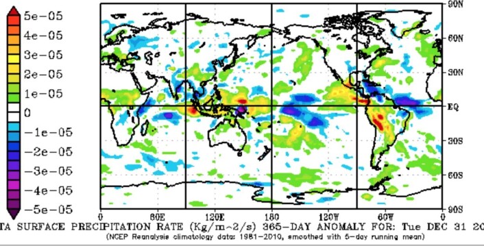 Reanalyse av nedbørsmengden i 2014 (avvik fra normalen 1981 - 2010). (Bilde: NOAA). Reanalyse av nedbørsmengden i 2014 (avvik fra normalen 1981 - 2010). (Bilde: NOAA).