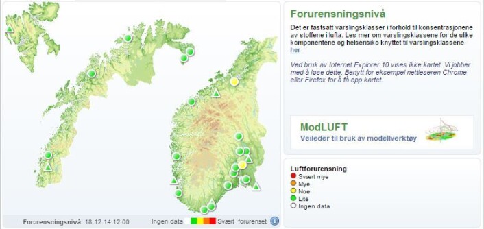 Kartet viser daglig forurensningsnivå for hele landet. Fargekodene fra hvit til rød indikerer hvor stor forurensningen er der du bor. (Foto: (Illustrasjon: www.luftkvalitet.info)) Kartet viser daglig forurensningsnivå for hele landet. Fargekodene fra hvit til rød indikerer hvor stor forurensningen er der du bor. (Foto: (Illustrasjon: www.luftkvalitet.info))