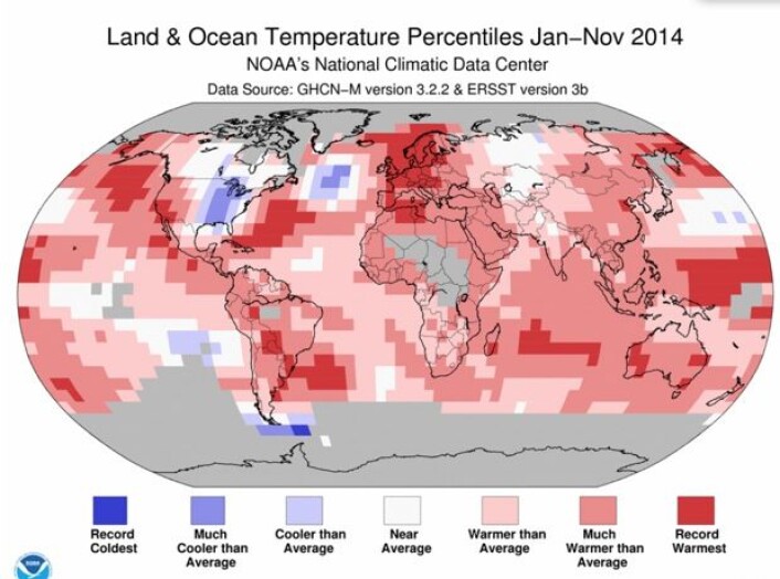 Mørk rød farge viser hvor temperaturen så langt i år har vært rekordvarm. (Bilde: NOAA) Mørk rød farge viser hvor temperaturen så langt i år har vært rekordvarm. (Bilde: NOAA)