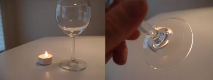 Til venstre: Et vinglass og et stearinlys. Til høyre: Stetten på glasset holdes opp mellom observatøren og stearinlyset og fungerer som en linse. Vi ser flere (fordreide) bilder av lyset på litt ulik posisjon.  (Foto: Anna Kathinka Dalland Evans)