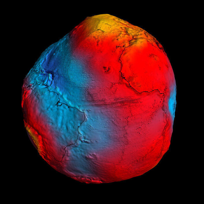 Dette er en representasjon av forskjellige nivåer av tyngdekraft på jorda, sett av ESAs tyngdekraftmålende satellitt GOCE. De forskjellige fargene og den klumpete, overdrevne jordfasongen viser høyere eller lavere nivåer av tyngdekraft. (Foto: (Bilde: ESA)) Dette er en representasjon av forskjellige nivåer av tyngdekraft på jorda, sett av ESAs tyngdekraftmålende satellitt GOCE. De forskjellige fargene og den klumpete, overdrevne jordfasongen viser høyere eller lavere nivåer av tyngdekraft. (Foto: (Bilde: ESA))