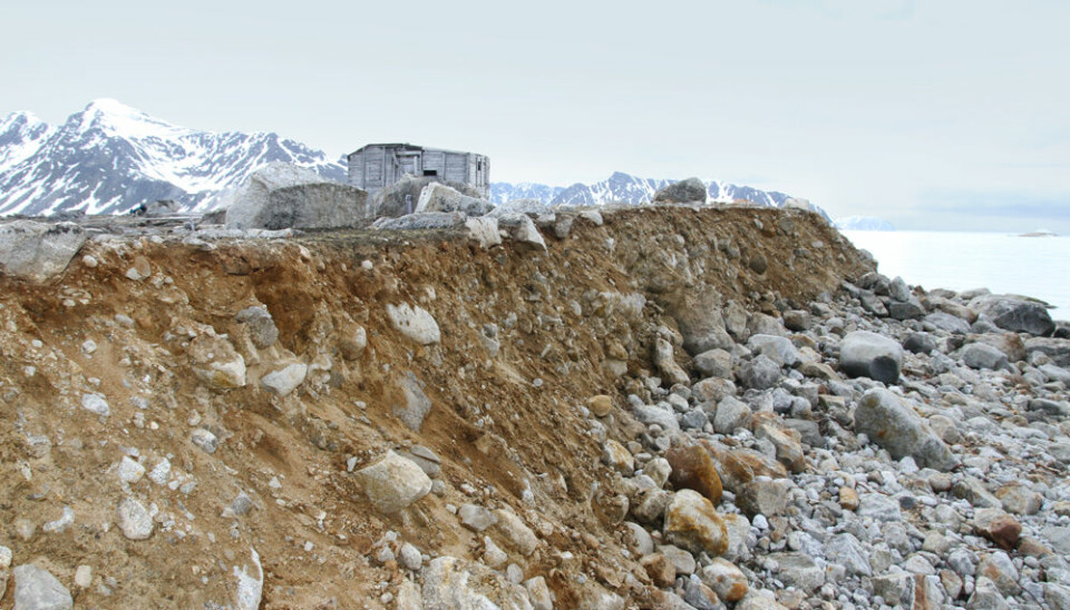 Bølgeerosjon skaper problemer for mange av kulturminnene på Svalbard. Denne russiske fangststasjonen på Svenskegattet på NordVest-Spitsbergen har to tufter og et kulturlag med mange gjenstander. Deler av kulturlaget har allerede rast ut. (Foto: Johanne Severinsen)