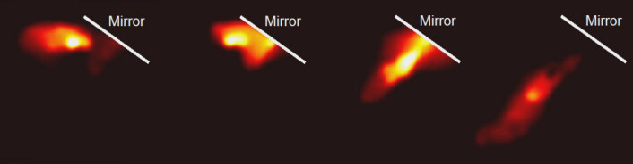 Serie av stillbilder fra video som viser en lyspuls som blir reflektert fra et speil, fotografert med 100 milliarder bilder i sekundet. Fra første til siste bilde har det gått omtrent 0,1 milliarddels sekund. (Fra video av Gao et.al, Nature) (Foto: (Fra video av Gao et.al, Nature)) Serie av stillbilder fra video som viser en lyspuls som blir reflektert fra et speil, fotografert med 100 milliarder bilder i sekundet. Fra første til siste bilde har det gått omtrent 0,1 milliarddels sekund. (Fra video av Gao et.al, Nature) (Foto: (Fra video av Gao et.al, Nature))