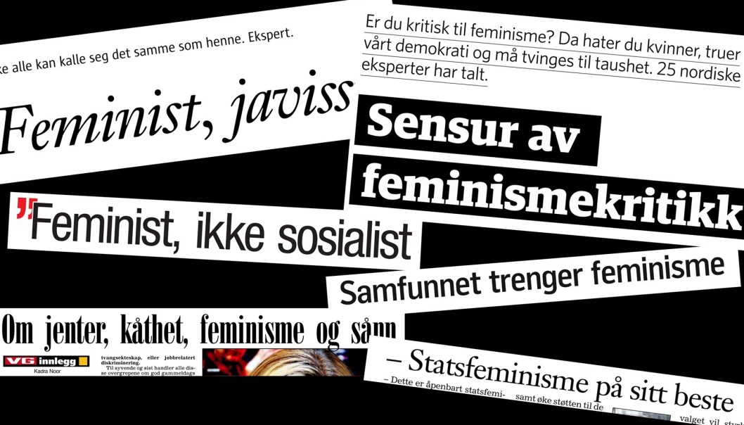 Mye feminismekritikk i avisoverskrifter fra Dagbladet, VG, Fædrelandsvennen og Klassekampen. (Illustrasjon: Dagbladet, VG, Fædrelandsvennen, Klassekampen/forskning.no) Mye feminismekritikk i avisoverskrifter fra Dagbladet, VG, Fædrelandsvennen og Klassekampen. (Illustrasjon: Dagbladet, VG, Fædrelandsvennen, Klassekampen/forskning.no)