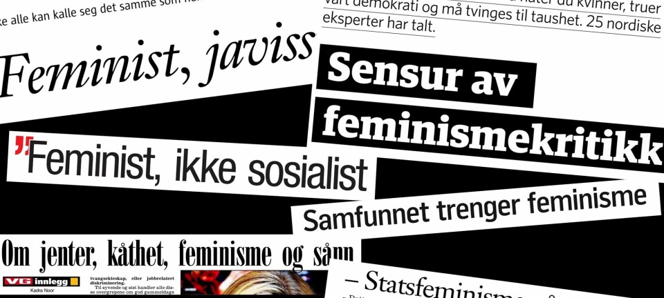 Mye feminismekritikk i avisoverskrifter fra Dagbladet, VG, Fædrelandsvennen og Klassekampen. (Illustrasjon: Dagbladet, VG, Fædrelandsvennen, Klassekampen/forskning.no)