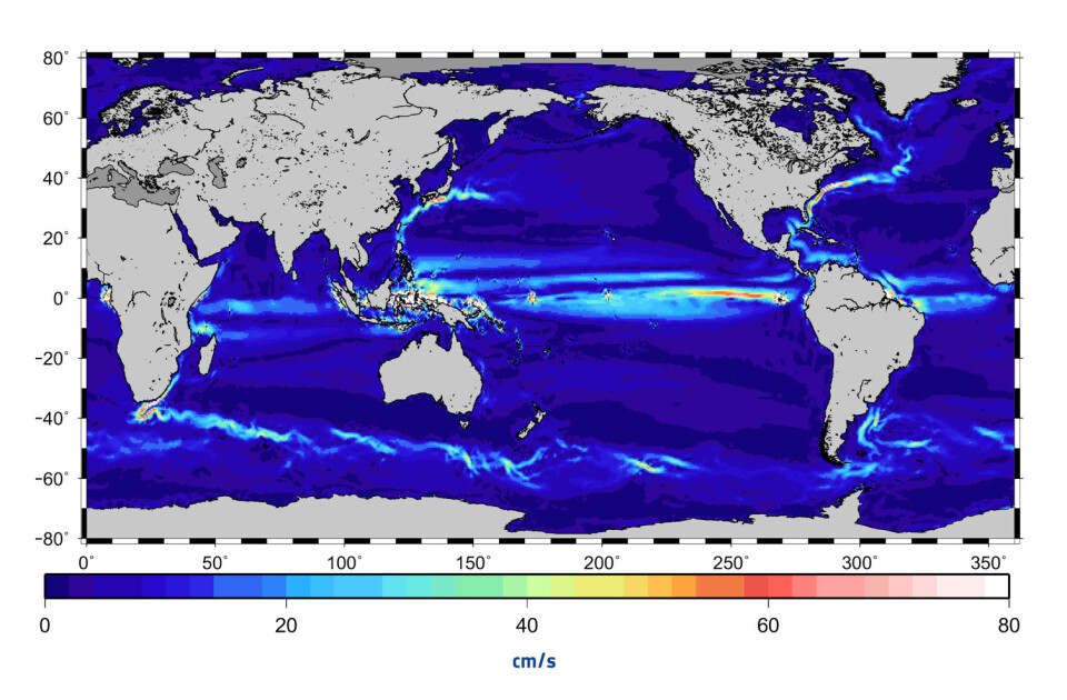 Farten til verdens havstrømmer målt av tyngdefeltsatellitten GOCE i centimeter per sekund. Gult, oransje og rødt viser større fart. (Foto: ESA/CNES/CLS)