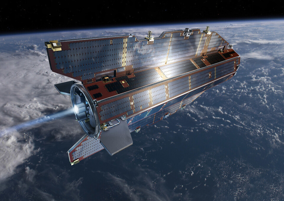 Den europeiske satellitten GOCE (Gravity field and steady-state Ocean Circulation Explorer) målte jordas tyngdefelt fra 2009 til 2013. Det har gitt ny kunnskap innen forskningen på blant annet havnivå, havstrømmer, og endringen av verdens ismasser. (Foto: ESA)