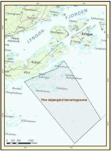 Bevaringsområdet utenfor Tvedestrand. (Foto: (Kart: Havforskningsinstituttet))