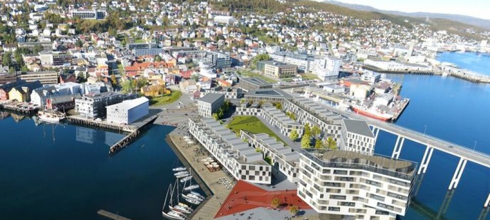 Det tidligere verftsområdet i Tromsø sentrum er et godt eksempel på såkalt flytende planlegging. Ideen om å utvikle tomten kom for mange år siden, og planene har endret seg underveis. Hvordan det til slutt blir på det som nå kalles Tollbodneset er fortsatt ikke klart.  (Illustrasjon: Acona Techology AS)