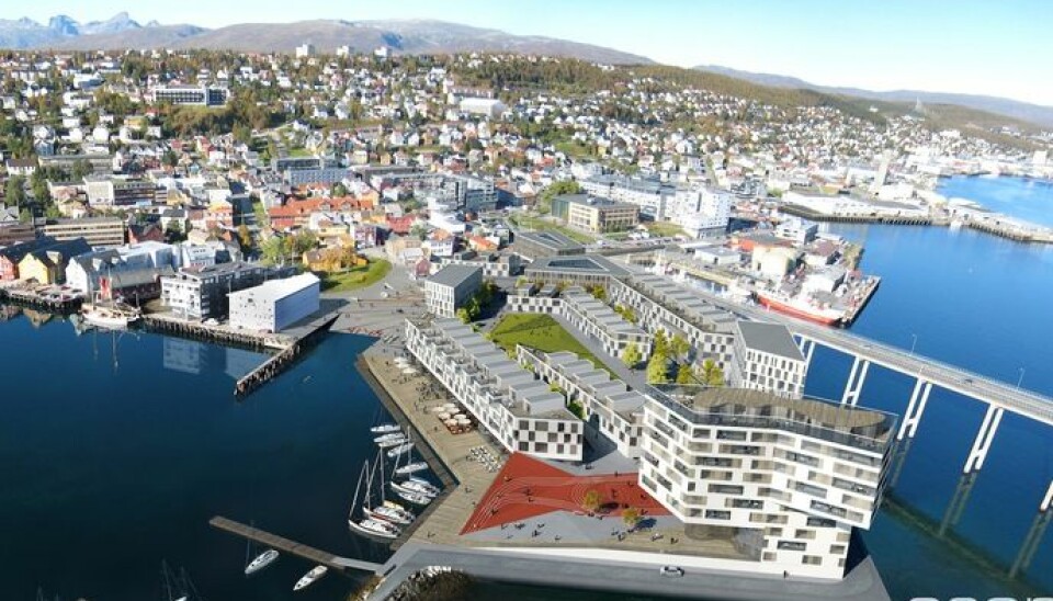 Det tidligere verftsområdet i Tromsø sentrum er et godt eksempel på såkalt flytende planlegging. Ideen om å utvikle tomten kom for mange år siden, og planene har endret seg underveis. Hvordan det til slutt blir på det som nå kalles Tollbodneset er fortsatt ikke klart.  (Illustrasjon: Acona Techology AS)