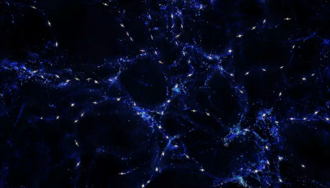 Bildet viser et området på flere milliarder lysår som forskerne har undersøkt, slik en kunstner ser for seg. Linjene viser rotasjonsaksen for de sorte hullene i galaksene som er undersøkt. (Foto: ESO)