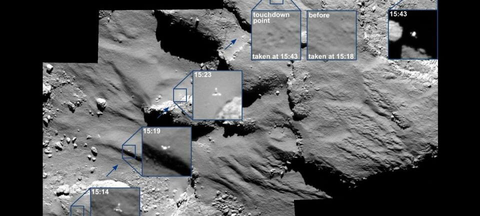 Philae falt austover over kometoverflata i ein fart på 0,5 meter i sekundet. (Foto: ESA/ROSETTA/MPS FOR OSIRIS TEAM MPS/UPD/LAM/IAA/SSO/INTA/UPM/DASP/IDA)