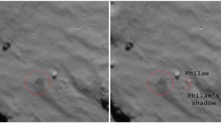 Philae sett fra Rosetta. Den store sirkelen viser trolig en støvsky, mens de to små sirklene viser det som sannsynligvis er Philae og skygge dens. (Foto: ESA) Philae sett fra Rosetta. Den store sirkelen viser trolig en støvsky, mens de to små sirklene viser det som sannsynligvis er Philae og skygge dens. (Foto: ESA)