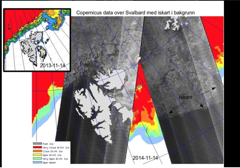 Radarbilder fra Sentinel-1A er nå i praktisk bruk i den norske istjenesten. (Bilde: Meteorologisk institutt)
