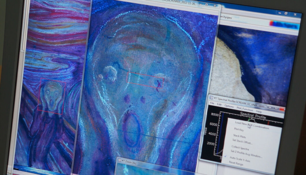 Skrik av Edvard Munch ble skannet hyperspektralt i Nasjonalgalleriet i 2013. Ved å framheve spesielle fargenyanser, kan usynlige detaljer og fargepigmenter oppdages. Kameraet kan også finne brukes til medisinske undersøkelser, mineralleting og miljøovervåkning. (Foto: Arnfinn Christensen, forskning.no) Skrik av Edvard Munch ble skannet hyperspektralt i Nasjonalgalleriet i 2013. Ved å framheve spesielle fargenyanser, kan usynlige detaljer og fargepigmenter oppdages. Kameraet kan også finne brukes til medisinske undersøkelser, mineralleting og miljøovervåkning. (Foto: Arnfinn Christensen, forskning.no)