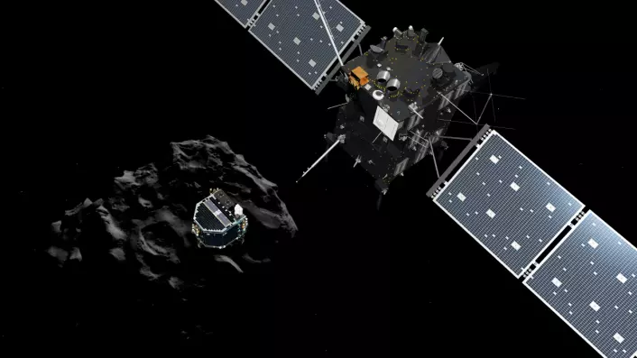 Landingssonden Philae slippes fra moderfartøyet Rosetta for å lande på kometen 67P/Tsjurjumov-Gerasimenko onsdag 12. november 2014. Illustrasjon: ESA/ATG medialab