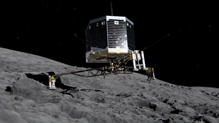 Den europeiske romsonden Philae landet på kometen 67P litt over klokken 17 onsdag 12. november 2014, 500 millioner kilometer ute i solsystemet, etter mer enn 10 år på reise i rommet. Det er den aller første landingen på en komet. Illustrasjon: ESA Den europeiske romsonden Philae landet på kometen 67P litt over klokken 17 onsdag 12. november 2014, 500 millioner kilometer ute i solsystemet, etter mer enn 10 år på reise i rommet. Det er den aller første landingen på en komet. Illustrasjon: ESA