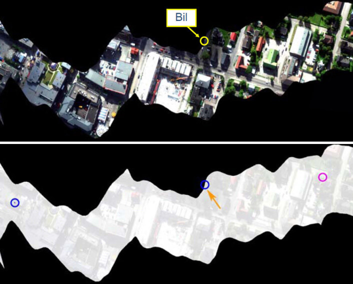 Det hyperspektrale kameraet skannet i 2003 en stripe over Lillestrøm på leting etter en blå bil med kjent spektralt "fingeravtrykk". Et navigasjonssystem registrerte flyets ujevne flukt slik at man kan vise landskapet riktig. Automatisk analyse av bildet avslører hvor bilen er, riktignok med ett feiltreff på en blå markise. Det er likevel tydelig at automatisk bildeanalyse kan gi nyttig informasjon om hva som er på bakken. (Foto: (Bilde:Trym Haavardsholm, FFI)) Det hyperspektrale kameraet skannet i 2003 en stripe over Lillestrøm på leting etter en blå bil med kjent spektralt "fingeravtrykk". Et navigasjonssystem registrerte flyets ujevne flukt slik at man kan vise landskapet riktig. Automatisk analyse av bildet avslører hvor bilen er, riktignok med ett feiltreff på en blå markise. Det er likevel tydelig at automatisk bildeanalyse kan gi nyttig informasjon om hva som er på bakken. (Foto: (Bilde:Trym Haavardsholm, FFI))