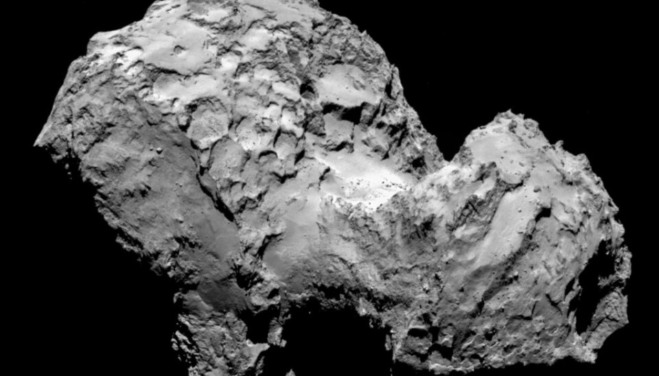 Når Philae når fram til kometens overflate, vil den møte en ujevn, forrevet overflate merket av kratre, klipper og kampestein på størrelse med hus. (Illustrasjon: ESA/Rosetta/MPS for OSIRIS Team MPS/UPD/LAM/IAA/SSO/INTA/UPM)