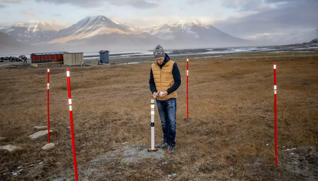 Forsker Graham Gilbert måler temperaturen i permafrosten i Longyearbyen på Svalbard. Temperaturmålere er utplassert i borehull i bakken en rekke steder på Svalbard og i andre arktiske områder. (Foto: Are Føli, NTB scanpix)