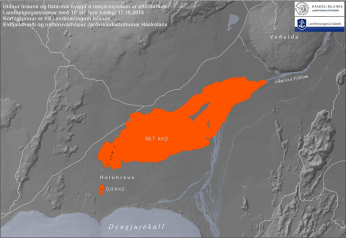 Fig 3. Lava field extent at Sept. 12 (24.5 km2) and Oct. 17 (58.7 km2). Maps produced by Institute of Earth Sciences, University of Iceland (Jarðvísindastofnun, Háskólans). Fig 3. Lava field extent at Sept. 12 (24.5 km2) and Oct. 17 (58.7 km2). Maps produced by Institute of Earth Sciences, University of Iceland (Jarðvísindastofnun, Háskólans).