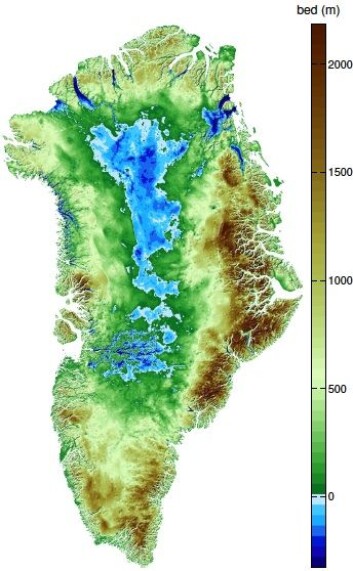 Slik ser Grønland ut under isen. Det blå feltet i kartet viser områder under havnivå. Når isen trekker seg tilbake vil landheving endre bildet. (Foto: (Illustrasjon: Mathieu Morglihem, NASA)) Slik ser Grønland ut under isen. Det blå feltet i kartet viser områder under havnivå. Når isen trekker seg tilbake vil landheving endre bildet. (Foto: (Illustrasjon: Mathieu Morglihem, NASA))