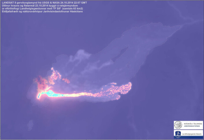 Fig 4. Lava field extent at Oct. 22 (63 km2) from thermal imaging, using Landsat 8. Institute of Earth Sciences, University of Iceland (Jarðvísindastofnun, Háskólans). Fig 4. Lava field extent at Oct. 22 (63 km2) from thermal imaging, using Landsat 8. Institute of Earth Sciences, University of Iceland (Jarðvísindastofnun, Háskólans).