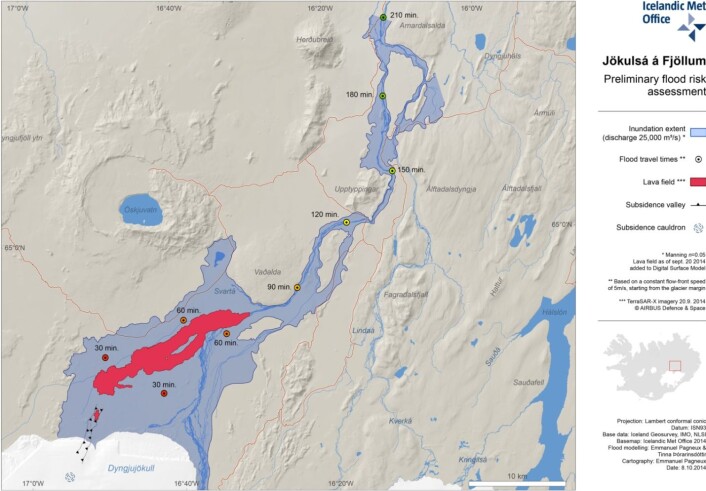 Fig. 8. Expected flooding, caused by melting of ice due to a possible subglacial eruption. Assuming a discharge rate of 25000 m3/s, the projected travel time for a corresponding flood wave front is indicated. The map also shows the 6 km long graben structure beneath and NNE of Dyngjujökull. Map produced by the Icelandic Meteorological Office (Veðurstofa Íslands). Fig. 8. Expected flooding, caused by melting of ice due to a possible subglacial eruption. Assuming a discharge rate of 25000 m3/s, the projected travel time for a corresponding flood wave front is indicated. The map also shows the 6 km long graben structure beneath and NNE of Dyngjujökull. Map produced by the Icelandic Meteorological Office (Veðurstofa Íslands).