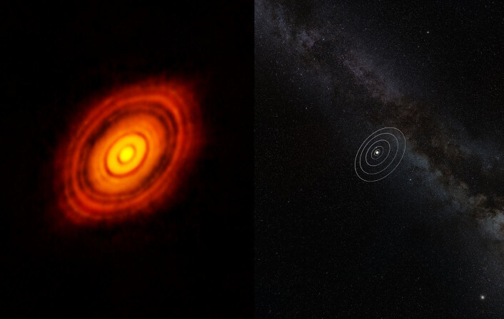 Her sammenlignes størrelsen til solsystemet vårt med HL Tauri og dens omliggende protoplanetariske skive. Selv om stjernen er mye mindre enn Sola, strekker HL Tauris skive seg nesten tre ganger lenger ut enn Neptuns bane rundt Sola. (Foto: ALMA/ESO/NAOJ/NRAO) Her sammenlignes størrelsen til solsystemet vårt med HL Tauri og dens omliggende protoplanetariske skive. Selv om stjernen er mye mindre enn Sola, strekker HL Tauris skive seg nesten tre ganger lenger ut enn Neptuns bane rundt Sola. (Foto: ALMA/ESO/NAOJ/NRAO)