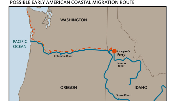 Den blå linjen viser Columbia-elven og den røde stiplede linjen viser hvordan forskerne tror at menneskene som holdt til her kom seg til Cooper´s Ferry. (Kart: Teresa Hall, Oregon State University). Den blå linjen viser Columbia-elven og den røde stiplede linjen viser hvordan forskerne tror at menneskene som holdt til her kom seg til Cooper´s Ferry. (Kart: Teresa Hall, Oregon State University).