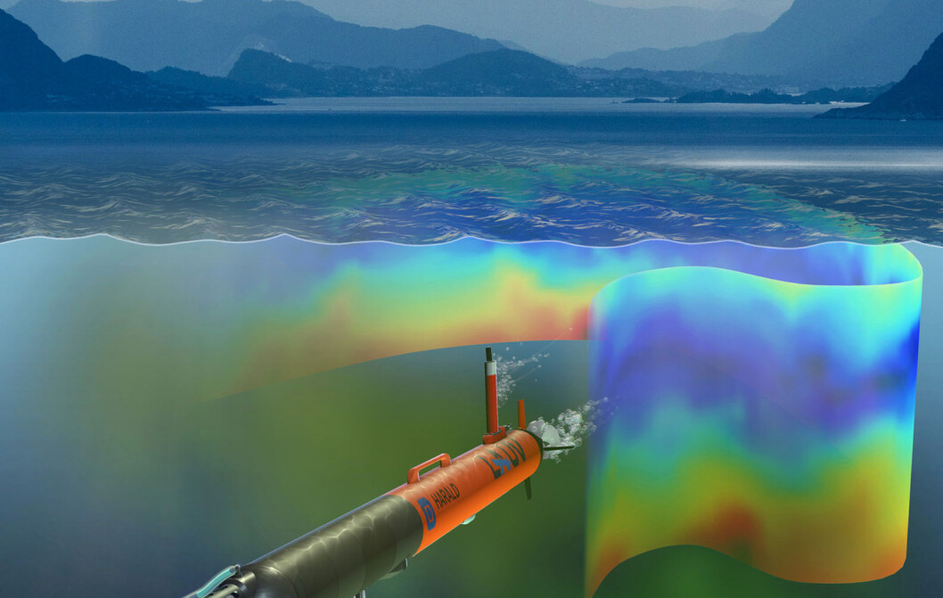 An artist’s visualization of the autonomous underwater vehicle under the waves in the context of the waters off the Runde Island. (Image: David Fierstein and Arild Hareide) An artist’s visualization of the autonomous underwater vehicle under the waves in the context of the waters off the Runde Island. (Image: David Fierstein and Arild Hareide)