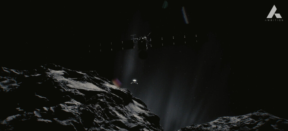 Bilde fra science fiction-kortfilmen Ambition av kometjegeren Rosetta og landingssonden Philae (lysende i midten). Foto: ESA