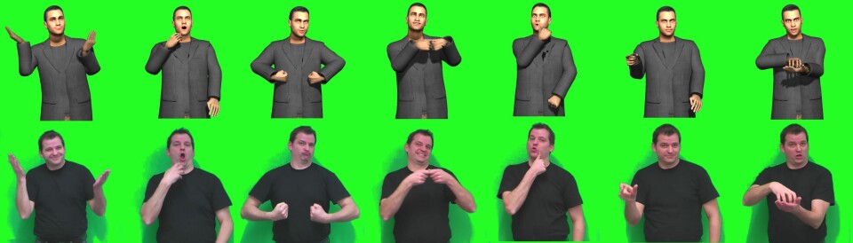 Dataforskere i hovedstaden Saarbrücken i den tyske staten Saarland har utviklet en tilnærming av animerte tegsnpråksfigurer. De samarbeider Peter Schaar som er døv og som foreleser i tegnspråk. (Illustrasjon: AG Heloir)
