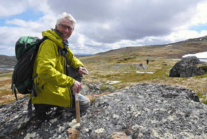 I en konglomeratbergart på fjellet tar geolog Tor Grenne en prøve for å bestemme alderen på mineralet zirkon. Resultatene kan gi en indikasjon på om tolkningen av den geologiske utviklingen stemmer. (Foto: Gudmund Løvø, NGU) I en konglomeratbergart på fjellet tar geolog Tor Grenne en prøve for å bestemme alderen på mineralet zirkon. Resultatene kan gi en indikasjon på om tolkningen av den geologiske utviklingen stemmer. (Foto: Gudmund Løvø, NGU)