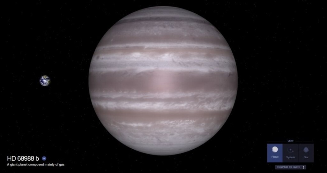 Et tenkt utseende av Norges eksoplanet (HD 68988 b) sammenlignet med vår lille, blå jord til venstre. (Illustrasjon av NASA) Et tenkt utseende av Norges eksoplanet (HD 68988 b) sammenlignet med vår lille, blå jord til venstre. (Illustrasjon av NASA)