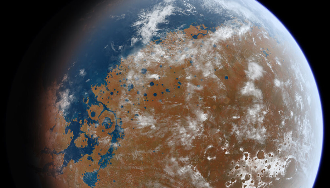 Mars med flytende vann på overflaten, slik en kunstner har sett det for seg. (Bilde: Ittiz/Creative Commons) Mars med flytende vann på overflaten, slik en kunstner har sett det for seg. (Bilde: Ittiz/Creative Commons)