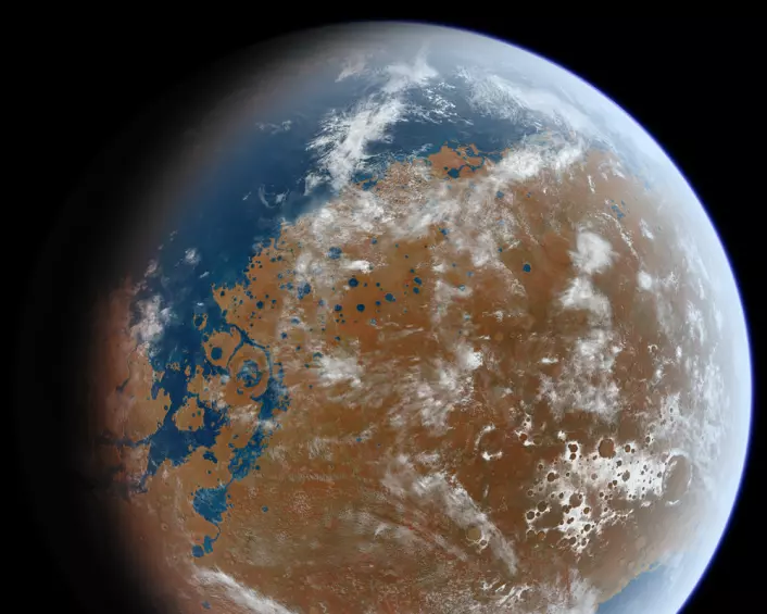 Mars med flytende vann på overflaten for milliarder av år siden, slik en kunstner har sett det for seg. (Foto: (Bilde: Ittiz/Creative Commons))