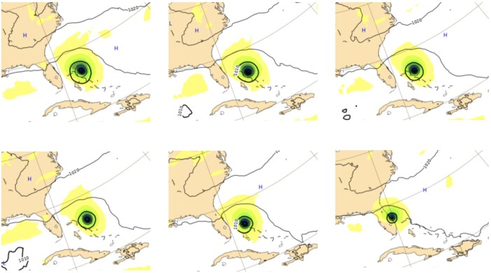Øverst fra venstre: Værsituasjonen 1 sept 12:00 UTC, deretter prognosene som kom 1 og 2 døgn i forkant. Nederst er prognosene som kom henholdsvis 3, 4 og 5 døgn i forkant. (Bilde: ECMWF / T Wahl) Øverst fra venstre: Værsituasjonen 1 sept 12:00 UTC, deretter prognosene som kom 1 og 2 døgn i forkant. Nederst er prognosene som kom henholdsvis 3, 4 og 5 døgn i forkant. (Bilde: ECMWF / T Wahl)