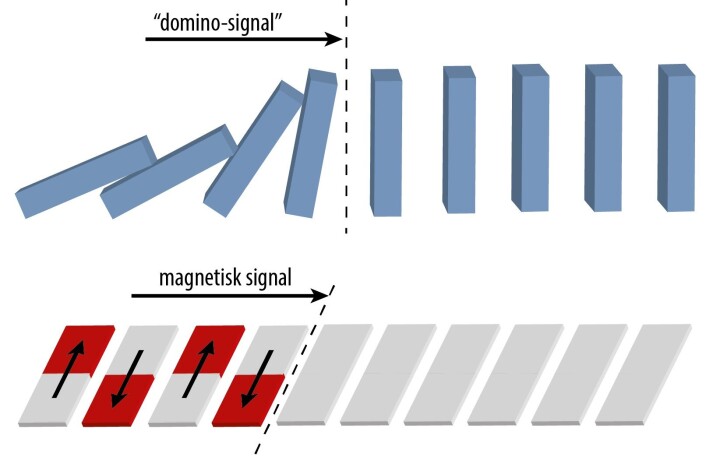 Idéen er å plassere ørsmå nanomagneter så tett på hverandre at disse kan snakke sammen gjennom sine magnetiske felt. Ved at retningen på spinnene i en magnet får spinnene i nabomagneten til å snu, som igjen får dennes nabo til å snu sine spinn, kan et magnetisk signal bevege seg som en kaskade. (Foto: (Illustrasjon: NTNU)) Idéen er å plassere ørsmå nanomagneter så tett på hverandre at disse kan snakke sammen gjennom sine magnetiske felt. Ved at retningen på spinnene i en magnet får spinnene i nabomagneten til å snu, som igjen får dennes nabo til å snu sine spinn, kan et magnetisk signal bevege seg som en kaskade. (Foto: (Illustrasjon: NTNU))
