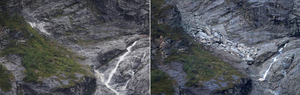 Fjellområdet Veslemannen har endelig rast. Her er bildene før (venstre) og etter raset (høyre). Før-bildet er fra torsdag ettermiddag før raset, og etter-bildet fra fredag morgen. (Foto: NTB Scanpix / Ørn E. Borgen) Fjellområdet Veslemannen har endelig rast. Her er bildene før (venstre) og etter raset (høyre). Før-bildet er fra torsdag ettermiddag før raset, og etter-bildet fra fredag morgen. (Foto: NTB Scanpix / Ørn E. Borgen)