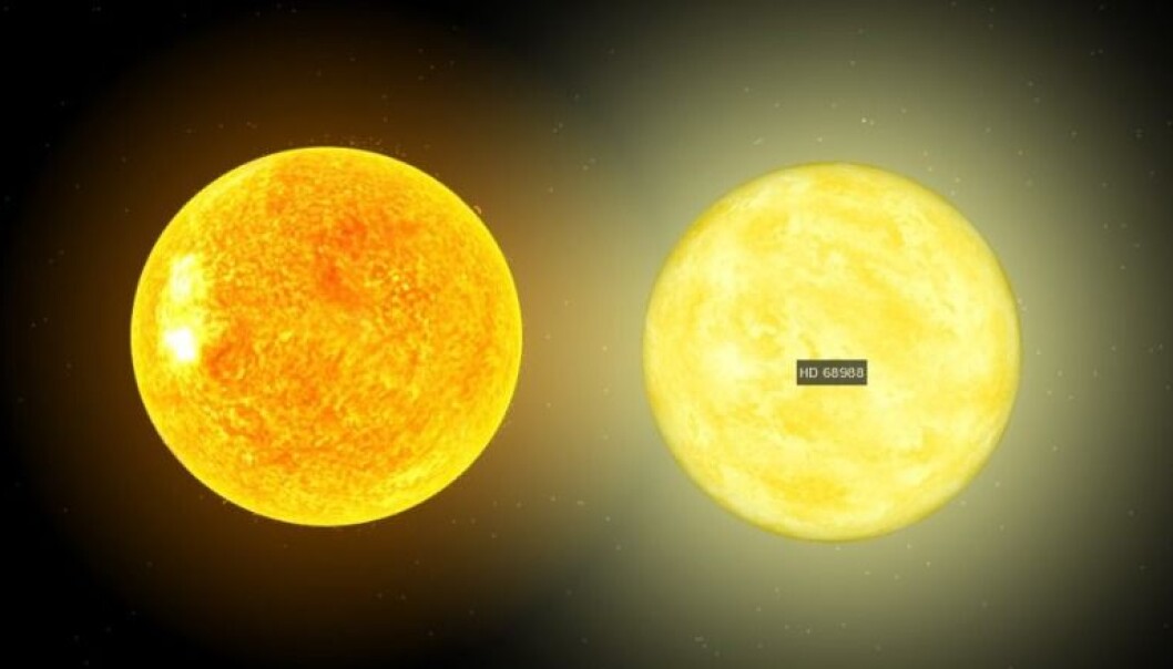 En datategning av vår sol til venstre, og til høyre er stjernen som vi skal gi navn til. De er tegnet ved siden av hverandre for å vise størrelsen. (Illustrasjon av NASA) En datategning av vår sol til venstre, og til høyre er stjernen som vi skal gi navn til. De er tegnet ved siden av hverandre for å vise størrelsen. (Illustrasjon av NASA)