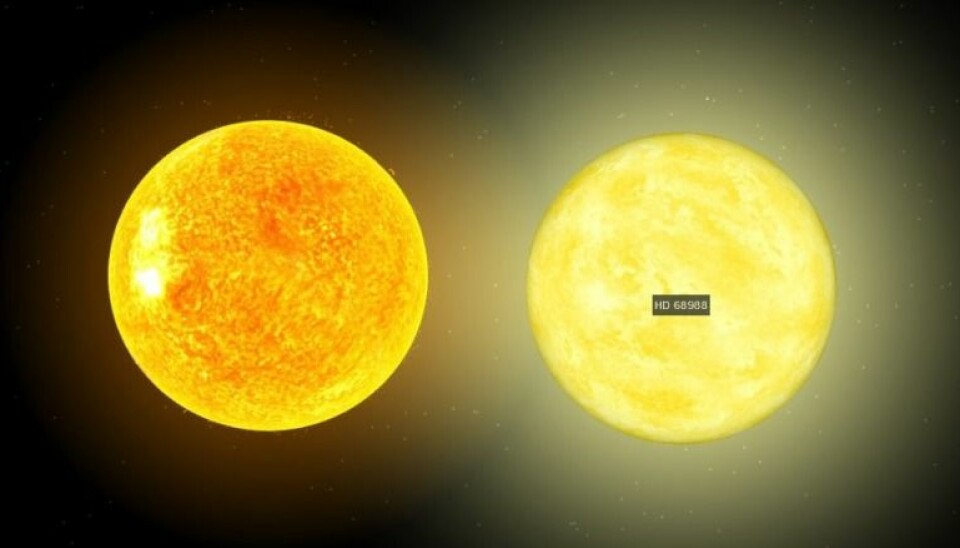En datategning av vår sol til venstre, og til høyre er stjernen som vi skal gi navn til. De er tegnet ved siden av hverandre for å vise størrelsen. (Illustrasjon av NASA)