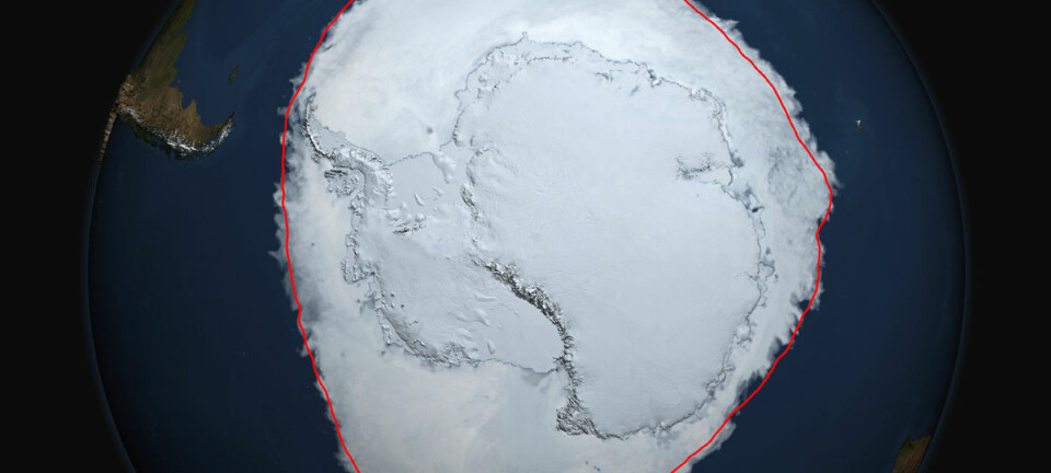 Den 19. september i år hadde isen i Antarktis rekordstor utstrekning. Den røde linja viser gjennomsnittlig utstrekning fra da målingene startet i 1979 og fram til 2014. (Bilde: NASA's Scientific Visualization Studio/Cindy Starr)
