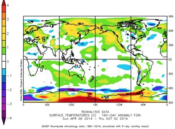 Temperaturavviket fra normalen (1981-2010) for 180-dagers perioden t.o.m. 2. oktober. (Bilde: NOAA) Temperaturavviket fra normalen (1981-2010) for 180-dagers perioden t.o.m. 2. oktober. (Bilde: NOAA)