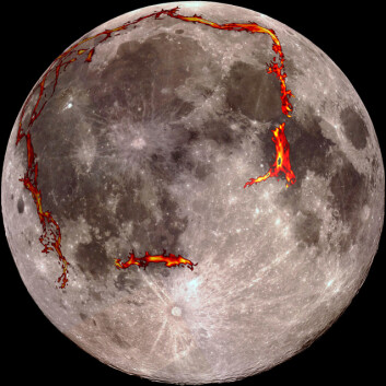 Fullmånen med riftdalene rundt Stormenes hav tegnet i rødt. (Foto: (Bilde: Kopernik Observatory/NASA/Colorado School of Mines/MIT/JPL/Goddard Space Flight Center))